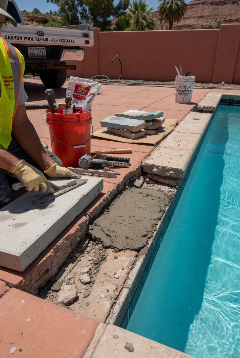 Pool coping repair in progress on a St. George pool — worker setting new coping stones with fresh mortar bed visible at the waterline
