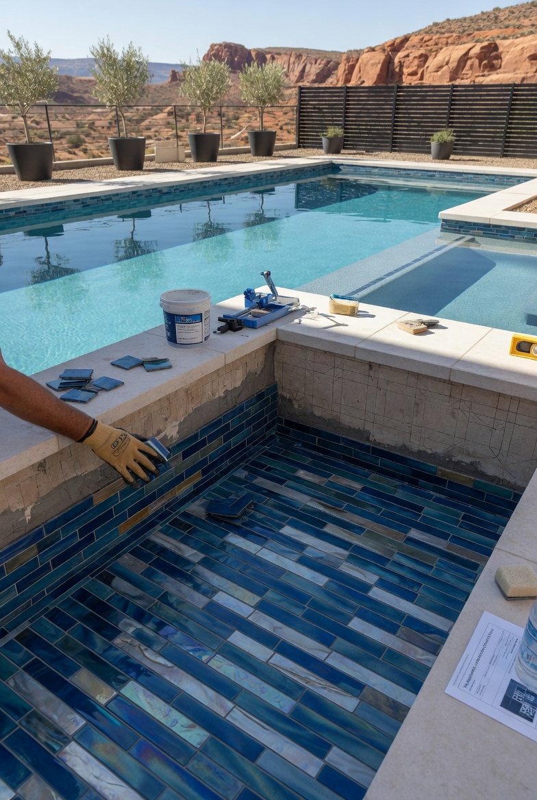 New iridescent blue glass tile being installed on a St. George spa with red rock cliffs in the background